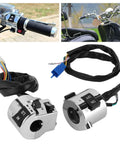 Universal 25mm Motorcycle Handlebar Switch Pair Headlight Turn Signal and Horn Control Set with tactile rubber buttons.