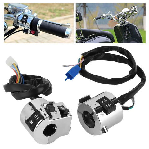 Universal 25mm Motorcycle Handlebar Switch Pair Headlight Turn Signal and Horn Control Set with tactile rubber buttons.