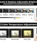 Rechargeable A3 Light Pad With Built In Stand And Bag For Tracing Diamond Painting And Drawing Super Bright Magnetic Light Box Wireless Light Pad For Diamond Painting Sketching And Crafting With Side Buttons And Elevating Angled Stand showing brightness and color adjustments