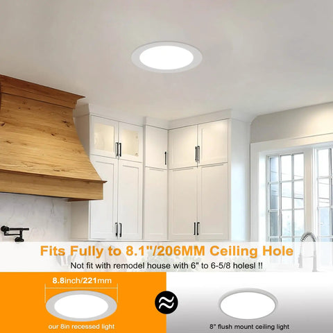 Six Pack 8 Inch LED Recessed Lights With Junction Box Ultra Thin Canless, Dimmable 1800 Lumens, Selectable 3000K 4500K 6000K, Energy Saving CRI 80 Plus, Easy Install, Modern Ultra Slim Downlight For Living Room