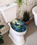 Round Resin Toilet Seat for Bathroom with peacock design, 16.5 inches length, 14.5 inches width, installed on a toilet.