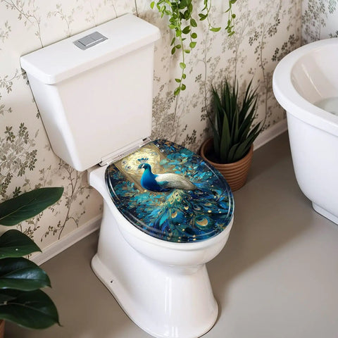 Round Resin Toilet Seat for Bathroom with peacock design, 16.5 inches length, 14.5 inches width, installed on a toilet.