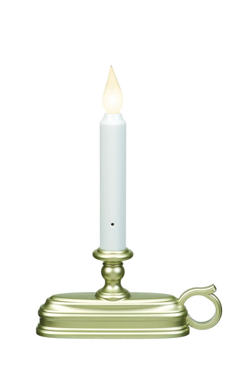 Battery Operated LED Window Candle With Dusk To Dawn Sensor And Hot Spot Flame Technology In Amber Or White Finish shown in pewter silver look
