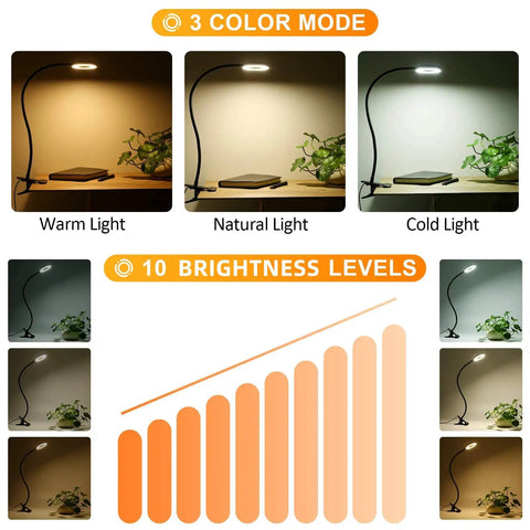 Clip On Reading Light With 48 LED USB Desk Lamp, Three Color Modes And Ten Brightness Levels, Eye Protection display