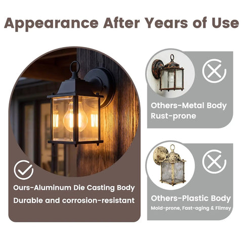 Built Tough E26 Outdoor Porch Light For Home Exterior Wall Matte Black Die Cast Aluminum And Clear Glass Wall Lantern mounted on wood.