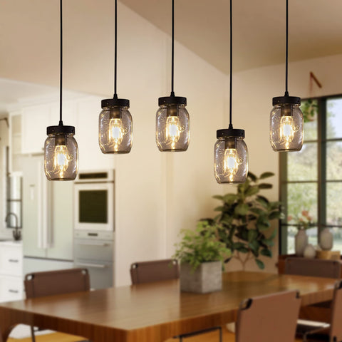 Five Light Mason Jar Chandelier With Rustic Glass Shades in kitchen dining area, highlighting hanging design and warm lighting.