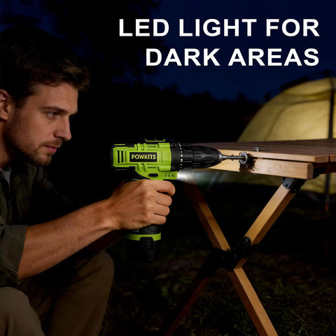 Man using 12V Cordless Drill Set With Battery And Charger 142 Piece Homeowner DIY Tool Kit for outdoor project at night