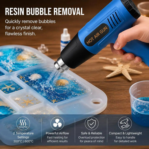 Hand using powerful 900W heat gun with dual temperature settings on resin, showing blue heat gun and silicone mold on wooden table.