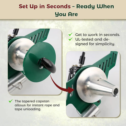Close-up of Compact Electric Cable Puller with tapered capstan for quick rope unloading and setup, showcasing lightweight design.