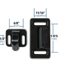 Right Hand RV Screen Door Latch Kit for Campers with measurements, black latch and catch for passenger-side doors.