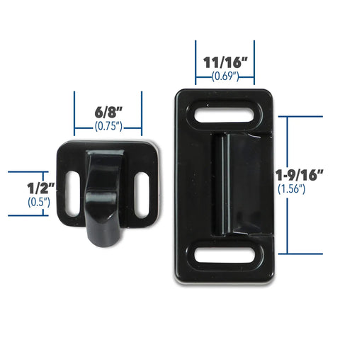 Right Hand RV Screen Door Latch Kit for Campers with measurements, black latch and catch for passenger-side doors.