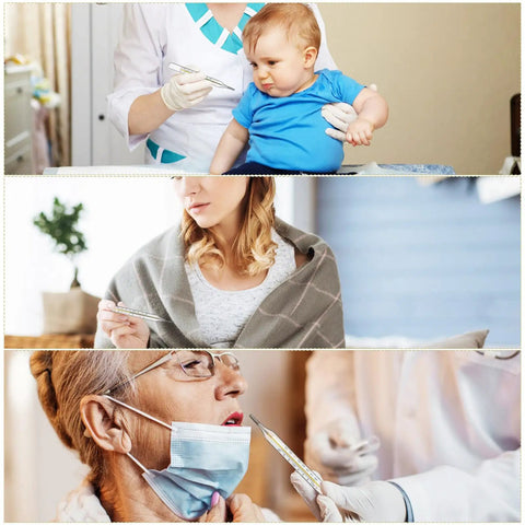 Five Piece General Use Temperature Testing Tools With Dual Scale Fahrenheit And Celsius For Accurate Readings For Adults And Kids Underarm And Oral Use Easy To Read For Everyday Health Checks glass thermometer in use with baby, adult, and senior