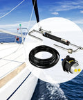 Hydraulic Outboard Steering Kit For 90HP Motors With Helm Pump Cylinder Marine Steering System Upgrade Durable Aluminum Alloy Casing Built In Two Way Lock Strong Nylon Hose Easy Installation displayed on sailboat deck beside ocean.