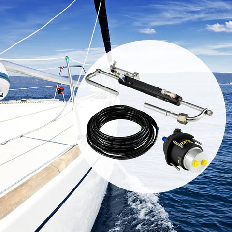 Hydraulic Outboard Steering Kit For 90HP Motors With Helm Pump Cylinder Marine Steering System Upgrade Durable Aluminum Alloy Casing Built In Two Way Lock Strong Nylon Hose Easy Installation displayed on sailboat deck beside ocean.