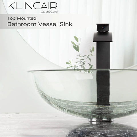 Vessel Sink Set With Tempered Glass Round 16.5 Inch Above Counter Basin Clear Finish Modern Hand Painted Pattern With Dope Sleek Matte Black Waterfall Faucet Pop Up Drain Included Premium Deco Glass Design