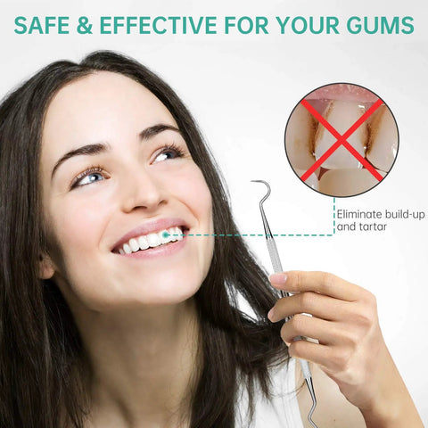 Woman using Pro Grade Dental Scraper Tool For Teeth Cleaning Stainless Steel Dentist Pick Tartar Remover Stain Scraper Home Use