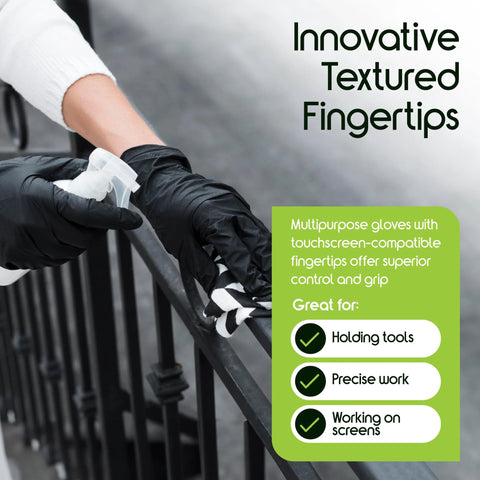 Inspire black nitrile disposable gloves worn while cleaning a metal railing