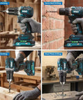 Heavy Duty Cordless Drill And Driver With Badass Brushless Motor Killer 75 Nm Torque in use for wood, brick, and steel drilling.