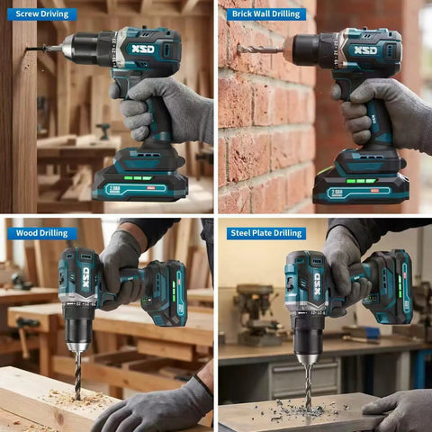 Heavy Duty Cordless Drill And Driver With Badass Brushless Motor Killer 75 Nm Torque in use for wood, brick, and steel drilling.