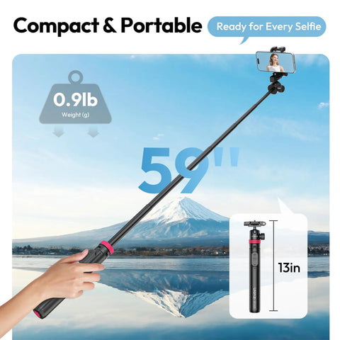 Illustration demonstrating the Auto Pop Open Phone Tripod With Remote, 59 Inch Selfie Stick, hovering over a scenic landscape.