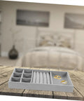 Chic Five Grid Jewelry Organizer Tray For Dresser Drawer With Cozy Flannel Interior And Polished Faux Leather Exterior, grey with rings.