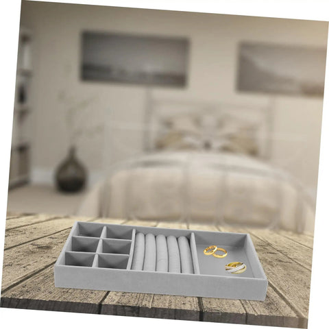 Chic Five Grid Jewelry Organizer Tray For Dresser Drawer With Cozy Flannel Interior And Polished Faux Leather Exterior, grey with rings.