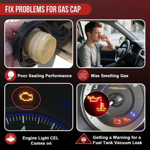 Toyota Gas Cap Fuel Cap Direct Replacement 77300 07030 Twist Lock Seal highlights poor sealing, gas smell, check engine light issues.