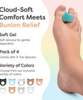 Gel Toe Separators For Bunions And Big Toe Alignment, 4 Pack Silicone Toe Spacers, noninvasive pain relief shown on foot