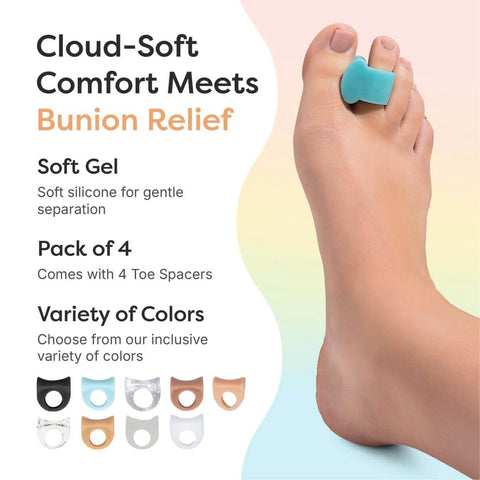 Gel Toe Separators For Bunions And Big Toe Alignment, 4 Pack Silicone Toe Spacers, noninvasive pain relief shown on foot