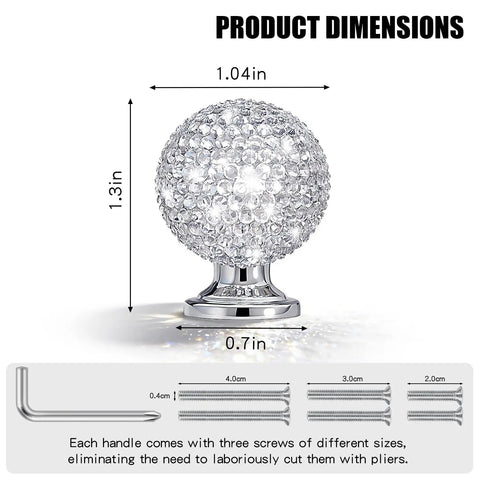 Product dimensions of Six Pack White Sphere Drawer Knobs Featuring Dazzling Glass Rhinestones And A Sleek Premium Silver Finish.