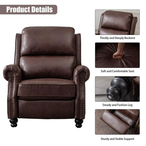 Detailed Pushback Recliner Chair With Faux Leather Upholstery And Rivet Detailing, Comfy Single Sofa Accent Armchair For Living Room, Reddish Brown.