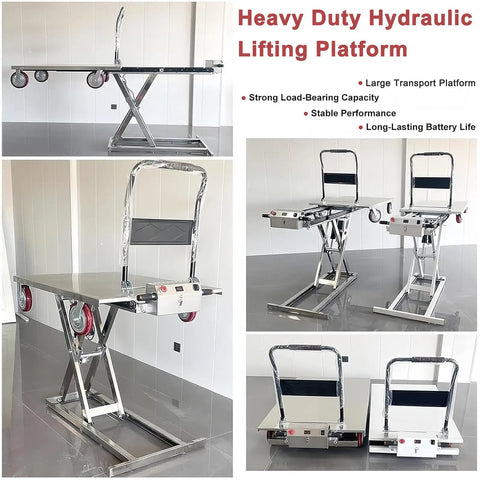 Rock Solid Electric Hydraulic Scissor Lift Cart With Six Hundred Sixty Pound Load Rating And Forty Inch Foldable Work Platform in various angles, showcasing its robust design.