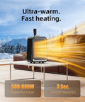 Compact Ceramic Space Heater For Office And Bedroom on table, showcasing powerful heat and instant warmth with scenic winter background.