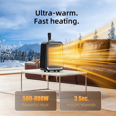 Compact Ceramic Space Heater For Office And Bedroom on table, showcasing powerful heat and instant warmth with scenic winter background.