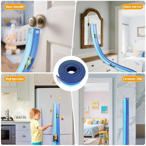 Flexible Race Car Track 15 Ft Starter Set With Suction Cups on various surfaces, door, mirror, fridge, and tiles, showing versatility.