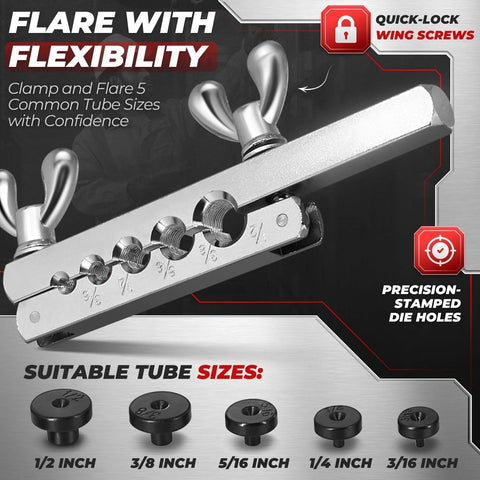 Flexzion brake line flaring tool kit with five tube-size adapters and storage case