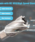 Techhyren annular cutter set, M2 HSS, 7/16–1-1/16 in diameter, 1 in depth, front view of silver cutter with chip removal groove.
