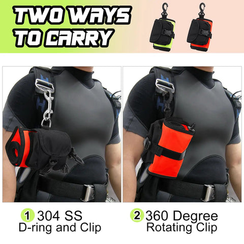 Must Have High Visibility Surface Marker Buoy With Reel For Scuba Diving Set Includes 100ft ABS Dive Reel Open Bottom Safety Sausage With Pouch Bag 5ft Length And Steel Double Ended Bolt Snap In Bright Red Hi Viz, attached to diver with clips