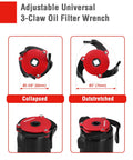 Adjustable universal 3-claw oil filter wrench in collapsed and outstretched states for 2-Piece Oil Filter Wrench Set With 12 Inch Adjustable Oil Filter Plier And 3-Jaw Universal Removal Tool For Quick, Easy Oil Changes On Cars, Motorcycles, Trucks, SUVs And Gearhead Friendly Home Garage Projects.