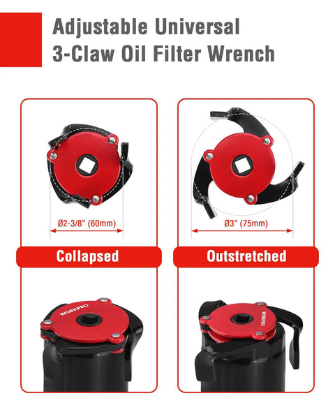 Adjustable universal 3-claw oil filter wrench in collapsed and outstretched states for 2-Piece Oil Filter Wrench Set With 12 Inch Adjustable Oil Filter Plier And 3-Jaw Universal Removal Tool For Quick, Easy Oil Changes On Cars, Motorcycles, Trucks, SUVs And Gearhead Friendly Home Garage Projects.