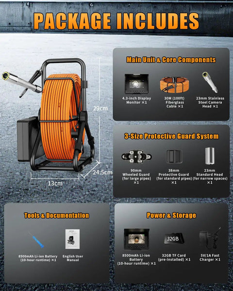 100ft Drain Camera Kit With Four Point Three Inch Screen And 23mm 1080P Probe, 8500mAh Battery, 32GB Recording, IP68 Waterproof Endoscope For Pros And Industrial Pipe Inspections, Night Vision, 12 LED Lights package includes cable, monitor, and camera head