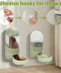 Game Changer Hanging Auto Feeder And Gravity Water Dispenser Combo For Bunnies And Ferrets mounted on wall with adhesive hooks.