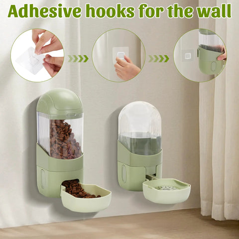 Game Changer Hanging Auto Feeder And Gravity Water Dispenser Combo For Bunnies And Ferrets mounted on wall with adhesive hooks.
