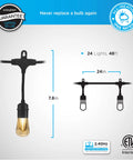 Smart Vintage Cafe String Lights With WiFi And Bluetooth Control For Outdoor Patio Deck Backyard 24 Feet Multicolor And White Vintage Bulbs 56 Color Modes App Controlled For A Totally Lit Outdoor Vibe, 24 inch spacing diagram, 7.8 inch drop, IP66 weatherproof guarantee logo.