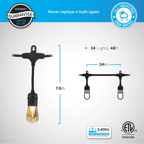 Smart Vintage Cafe String Lights With WiFi And Bluetooth Control For Outdoor Patio Deck Backyard 24 Feet Multicolor And White Vintage Bulbs 56 Color Modes App Controlled For A Totally Lit Outdoor Vibe, 24 inch spacing diagram, 7.8 inch drop, IP66 weatherproof guarantee logo.