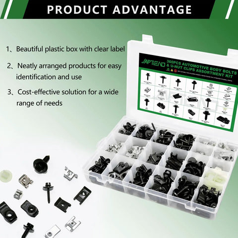 Built Tough 360 Piece Auto Body Bolt And UNut Clip Kit in organized plastic box for easy identification and use.