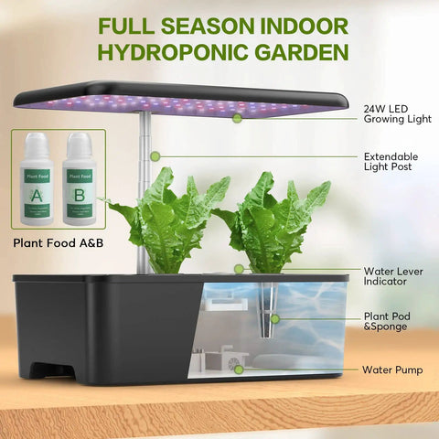 12 Pod Hydroponics Growing System With LED Grow Light For Indoor Garden, features height adjustable light, water pump, and plant pods