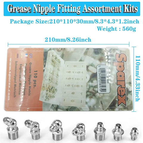 110 Piece Metric Grease Fittings Kit M6 M8 M10 Straight and 45 Degree 90 Degree Angled Zerk Fittings for Grease Guns
