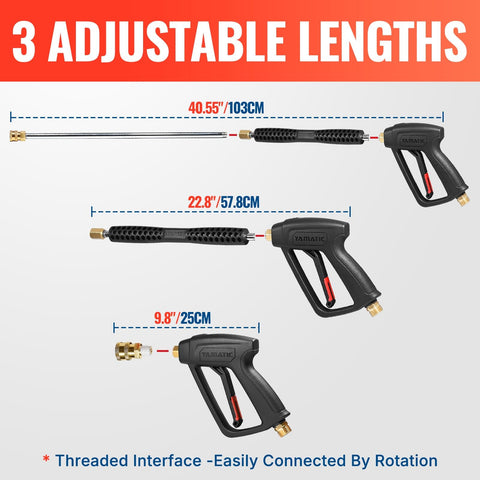 Pressure Washer Gun And Wand With Five Nozzles, M22-14mm And M22-15mm Fittings, Heavy Duty Replacement Kit For Ryobi, Karcher, Greenworks, Craftsman, Troy-Bilt And Other Power Washers, Up To 4000 PSI showing 3 adjustable lengths for versatility.