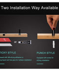 Two installation methods for Wall Mounted Nailless Folding Coat Hook Set Featuring Twin Bar Design, including sticky and punch styles.